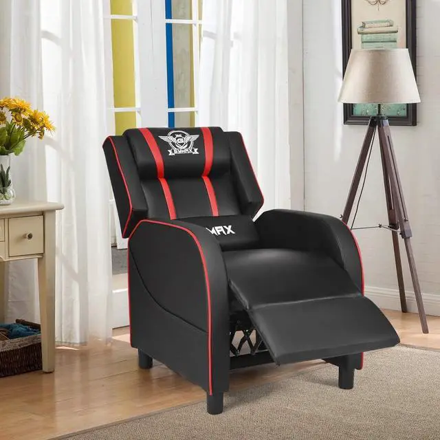 Alt view image 2 of 7 - POWERSTONE Gaming Recliner Chair, Reclining Gaming Chair Ergonomic Leather Sofa with Footrest Lumbar Support Headrest and Side Pouch for Living Room Home Theater, Red, Welcome to consult
