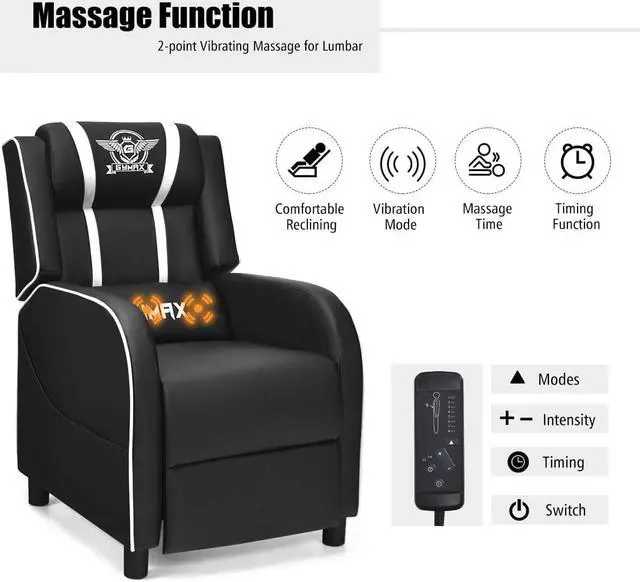 Alt view image 4 of 7 - GYMAX Gaming Recliner, Massage Gaming Chair with Adjustable Backrest Footrest, Remote Control & Side Pocket, Ergonomic Game Lounge Chair, Racing Style Single Theater Seat Game Sofa for Adults (White)