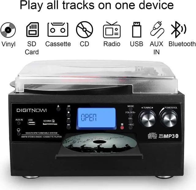 Alt view image 4 of 6 - Bluetooth Record Player Turntable with Stereo Speaker, LP Vinyl to MP3 Converter with CD, Cassette, Radio, Aux in and USB/SD Encoding, Remote Control, Audio Music Player Built in Amplifier