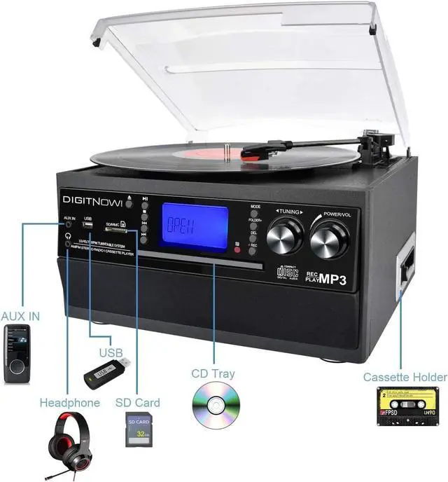 Alt view image 2 of 6 - Bluetooth Record Player Turntable with Stereo Speaker, LP Vinyl to MP3 Converter with CD, Cassette, Radio, Aux in and USB/SD Encoding, Remote Control, Audio Music Player Built in Amplifier
