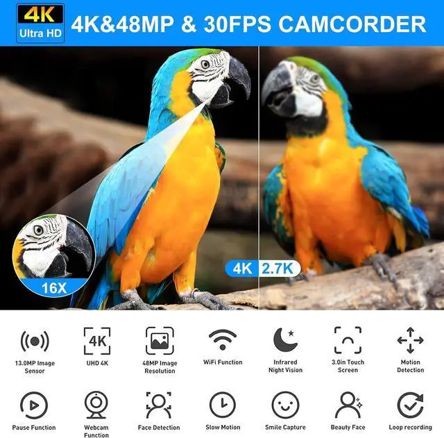 Alt view image 2 of 7 - 4K Video Camera Camcorder 48MP UHD WiFi IR Night Vision Vlogging Camera for YouTube 16X Digital Zoom Touch Screen Camera Recorder with Microphone, Handheld Stabilizer, Lens Hood, Remote,2 Batteries