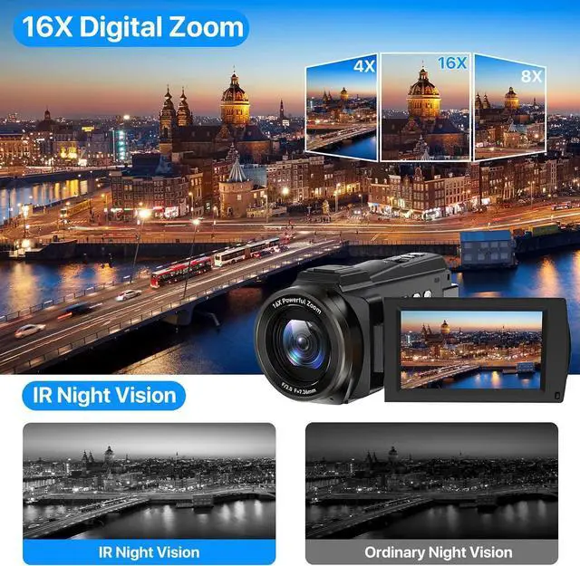 Alt view image 4 of 7 - 4K Video Camera Camcorder 48MP UHD WiFi IR Night Vision Vlogging Camera for YouTube 16X Digital Zoom Touch Screen Camera Recorder with Microphone, Handheld Stabilizer, Lens Hood, Remote,2 Batteries