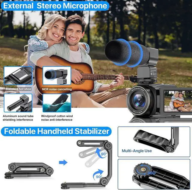 Alt view image 5 of 7 - 4K Video Camera Camcorder 48MP UHD WiFi IR Night Vision Vlogging Camera for YouTube 16X Digital Zoom Touch Screen Camera Recorder with Microphone, Handheld Stabilizer, Lens Hood, Remote,2 Batteries