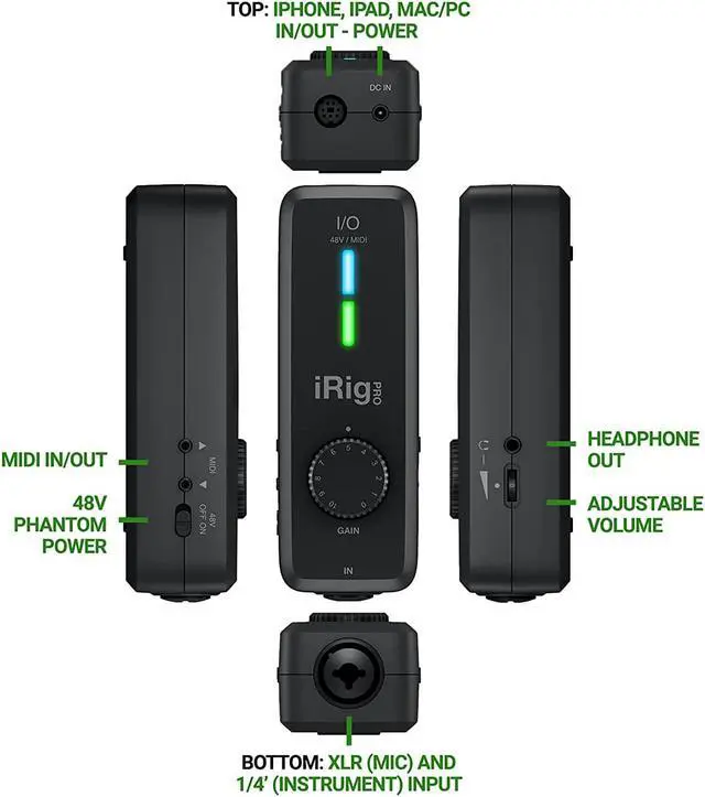 Alt view image 3 of 7 - iRig Pro I/O audio interface for iPhone, iPad, Mac, iOS and PC with USB-C, Lightning and USB cables, 24-bit, 96 kHz recording and guitar, bass and XLR mic inputs