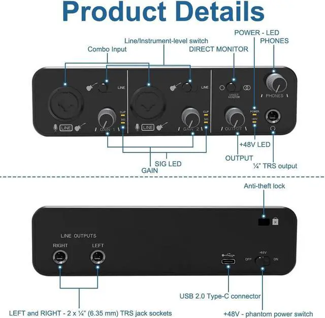 Alt view image 2 of 7 - 2i2 Audio Interface Audio Interface USB Microphone Preamps with 48V Phantom Power 24 Bit Support Smartphone/Tablet/Computer and Other Equipment RecordingNo DAW Recording Software