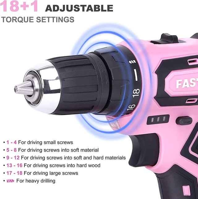Alt view image 3 of 7 - FASTPRO 42-Piece 12V Pink Drill kit, Lithium-ion Cordless Drill Driver, 3/8 in. Drill Driver Set with One 1.5 Ah Batteries, Charger and Tool Bag