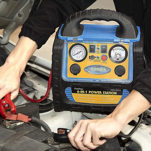 Alt view image 2 of 7 - Car Jump Starter with Air Compressor, 1800A Battery Booster Pack for Up to 8.0L Gas & 6.0L Diesel, 150PSI Tire Inflator, 400W Portable Power Station with AC Outlet, 6-in-1 Jump Box for Cars, Trucks