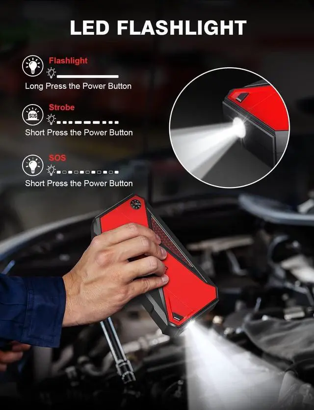 Alt view image 5 of 6 - DBPOWER Car Jump Starter, 1600A Peak 17200mAh Portable Power Pack for Up to 7.2L Gas and 5.5L Diesel Engines, 12V Auto Battery Booster with LCD Display, Compass, LED Light and Type-C Port (red)
