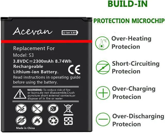 Alt view image 3 of 7 - Galaxy S3 Battery, Acevan 2300mAh Replacement Battery for Samsung Galaxy S3, Galaxy S3 Neo, Verizon I535, T-Mobile T999, Sprint L710, AT&T I747, R530, I9300, Galaxy S3 LTE I9305 [2 Years Warranty]