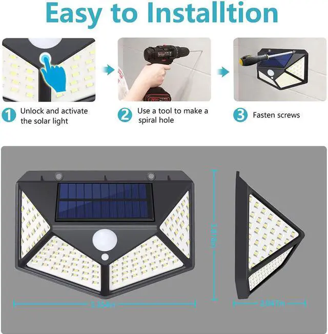 Alt view image 4 of 7 - 2 PCS Solar Lights Outdoor 100 LED, SUNZOS 1800 mAh Super Bright Solar Security Light Motion Sensor, 270°Wide Angle, IP65 Waterproof Solar Powered Lights for Garden, Yard, Walkway and Outside