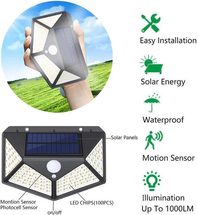 Alt view image 5 of 7 - 2 PCS Solar Lights Outdoor 100 LED, SUNZOS 1800 mAh Super Bright Solar Security Light Motion Sensor, 270°Wide Angle, IP65 Waterproof Solar Powered Lights for Garden, Yard, Walkway and Outside