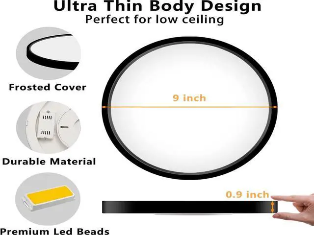 Alt view image 3 of 6 - 2 Pack LED Flush Mount Ceiling Light Fixture, 9 Inch Modern Black LED Ceiling Light, 18W 5000K Low Profile Slim Flat Surface Mount Ceiling Lights for Bedroom Kitchen Hallway Laundry Stairwell Basement