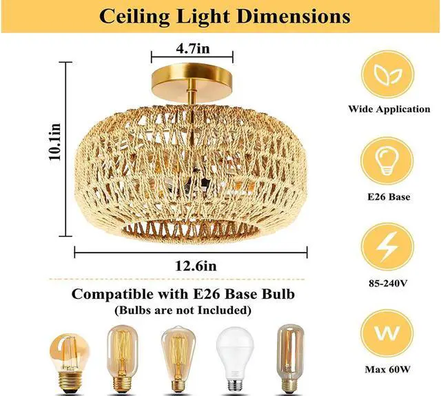 Alt view image 3 of 7 - IBESTWIN Rattan Ceiling Light Fixtures, 3-Light 12.6 Inch Antique Brass Handmade Woven Boho Semi Flush Mount Ceiling Light for Bedroom, Kitchen, Living Room