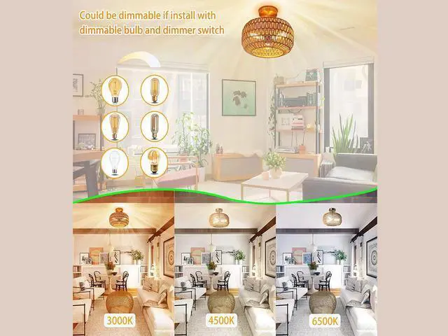 Alt view image 6 of 7 - IBESTWIN Rattan Ceiling Light Fixtures, 3-Light 12.6 Inch Antique Brass Handmade Woven Boho Semi Flush Mount Ceiling Light for Bedroom, Kitchen, Living Room