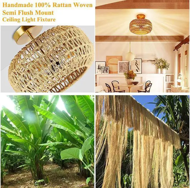 Alt view image 7 of 7 - IBESTWIN Rattan Ceiling Light Fixtures, 3-Light 12.6 Inch Antique Brass Handmade Woven Boho Semi Flush Mount Ceiling Light for Bedroom, Kitchen, Living Room