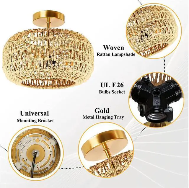 Alt view image 5 of 7 - IBESTWIN Rattan Ceiling Light Fixtures, 3-Light 12.6 Inch Antique Brass Handmade Woven Boho Semi Flush Mount Ceiling Light for Bedroom, Kitchen, Living Room