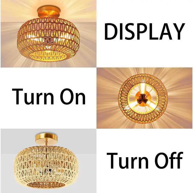 Alt view image 4 of 7 - IBESTWIN Rattan Ceiling Light Fixtures, 3-Light 12.6 Inch Antique Brass Handmade Woven Boho Semi Flush Mount Ceiling Light for Bedroom, Kitchen, Living Room