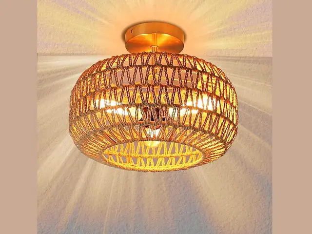Main image of IBESTWIN Rattan Ceiling Light Fixtures, 3-Light 12.6 Inch Antique Brass Handmade Woven Boho Semi Flush Mount Ceiling Light for Bedroom, Kitchen, Living Room