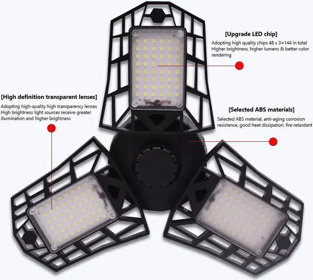 Alt view image 3 of 7 - SUNZOS 1pc 60W 8000LM 6500K Deformable LED Garage Light With 3 Adjustable Multi-Position LED Panels Light For Garage Workshop Basement Supermarket Warehouse