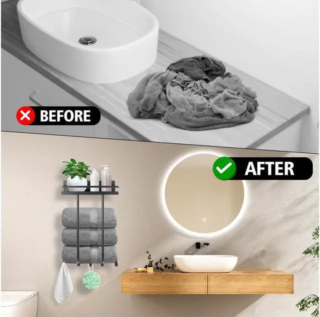 Alt view image 3 of 7 - 1PC Bath Towel Racks for Bathroom Organizer, Metal Towel Holder, Wall Mounted Towel storage And Organizer Rack, Towels Organizer with Top Storage Shelf And 5 Hooks