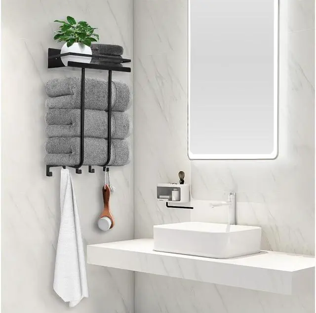 Alt view image 7 of 7 - 1PC Bath Towel Racks for Bathroom Organizer, Metal Towel Holder, Wall Mounted Towel storage And Organizer Rack, Towels Organizer with Top Storage Shelf And 5 Hooks