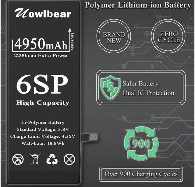 Alt view image 3 of 7 - uowlbear Battery for iPhone 6s Plus, 4950mAh Replacement Battery for iPhone A1634 A1687 A1699 with Complete Replacement Kits, Two Set Adhesive Strips and Waterproof Seals -High Capacity 0 Cycle