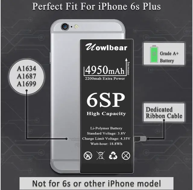 Alt view image 6 of 7 - uowlbear Battery for iPhone 6s Plus, 4950mAh Replacement Battery for iPhone A1634 A1687 A1699 with Complete Replacement Kits, Two Set Adhesive Strips and Waterproof Seals -High Capacity 0 Cycle