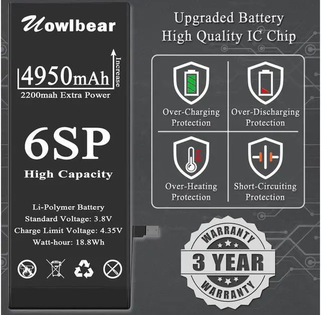 Alt view image 4 of 7 - uowlbear Battery for iPhone 6s Plus, 4950mAh Replacement Battery for iPhone A1634 A1687 A1699 with Complete Replacement Kits, Two Set Adhesive Strips and Waterproof Seals -High Capacity 0 Cycle