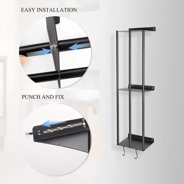 Alt view image 5 of 7 - Towel Racks for Bathroom, Metal Towel Holder for Bathroom Wall, Wall Mounted Towel Holder Towels Organizer with 3 Metal Shelves and 4 Hooks, Black