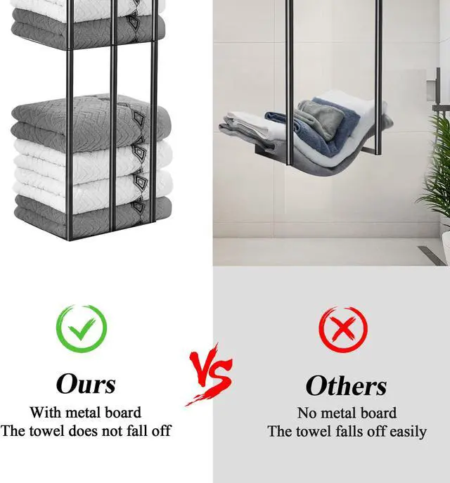 Alt view image 4 of 7 - Towel Racks for Bathroom, Metal Towel Holder for Bathroom Wall, Wall Mounted Towel Holder Towels Organizer with 3 Metal Shelves and 4 Hooks, Black