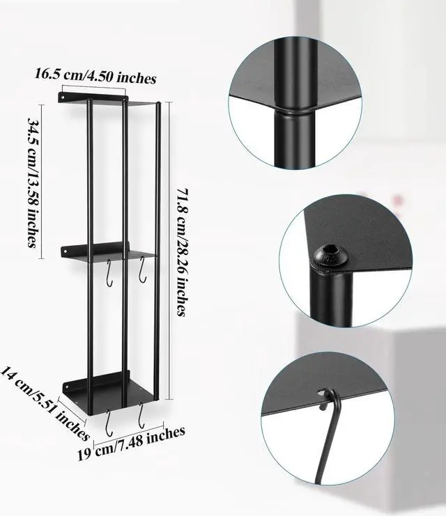 Alt view image 6 of 7 - Towel Racks for Bathroom, Metal Towel Holder for Bathroom Wall, Wall Mounted Towel Holder Towels Organizer with 3 Metal Shelves and 4 Hooks, Black