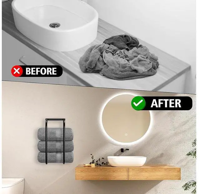 Alt view image 2 of 6 - 1 Pack Contemporary Metal Towel Rack, Wall Mounted Towel Holder for Rolled Towels, Space-Saving Bathroom Storage Organizer, No Electricity Needed, Towel Racks