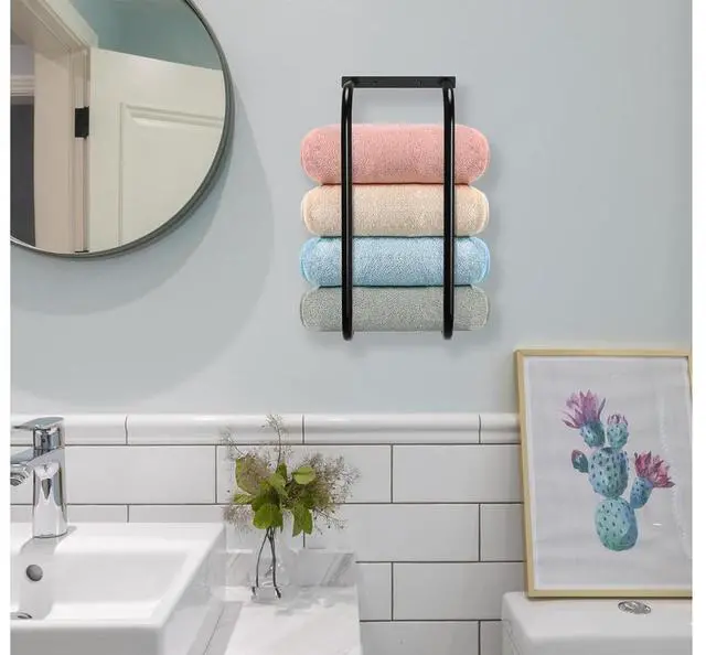 Alt view image 4 of 6 - 1 Pack Contemporary Metal Towel Rack, Wall Mounted Towel Holder for Rolled Towels, Space-Saving Bathroom Storage Organizer, No Electricity Needed, Towel Racks