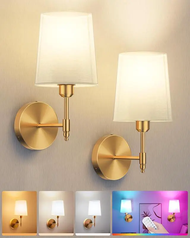 Main image of Ouyulong Battery Operated Wall Sconces Set of 2, Wireless Rechargeable Dimmable Wall Light with 5600mAh RGB Bulb and Remote for Bedroom, Living Room, Hallway (Gold)