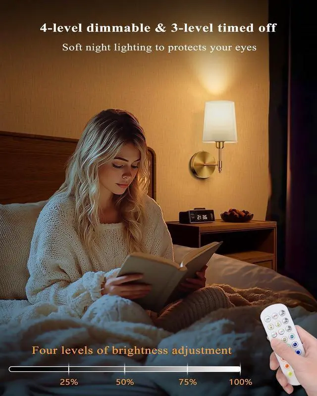 Alt view image 3 of 7 - Ouyulong Battery Operated Wall Sconces Set of 2, Wireless Rechargeable Dimmable Wall Light with 5600mAh RGB Bulb and Remote for Bedroom, Living Room, Hallway (Gold)