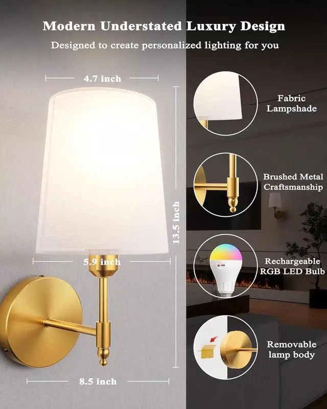 Alt view image 5 of 7 - Ouyulong Battery Operated Wall Sconces Set of 2, Wireless Rechargeable Dimmable Wall Light with 5600mAh RGB Bulb and Remote for Bedroom, Living Room, Hallway (Gold)