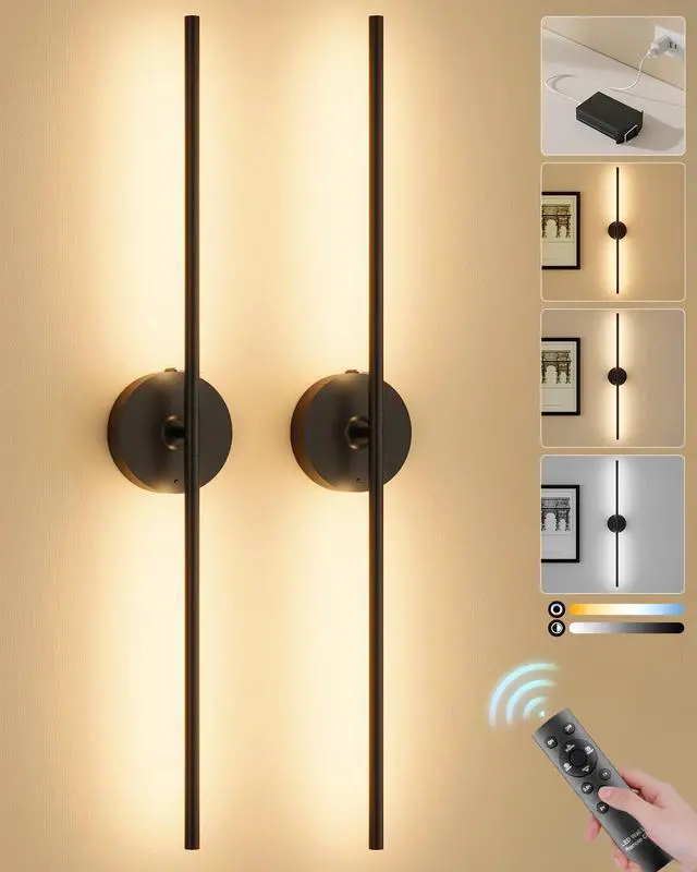 Main image of Ouyulong Battery Operated Wall Sconces Set of 2, 8000mAh Wireless Rechargeable 3000-6000K Dimmable 350° Rotate Wall Light with Remote for Living Room, Bedroom 31.6in Black