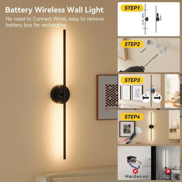 Alt view image 4 of 7 - Ouyulong Battery Operated Wall Sconces Set of 2, 8000mAh Wireless Rechargeable 3000-6000K Dimmable 350° Rotate Wall Light with Remote for Living Room, Bedroom 31.6in Black