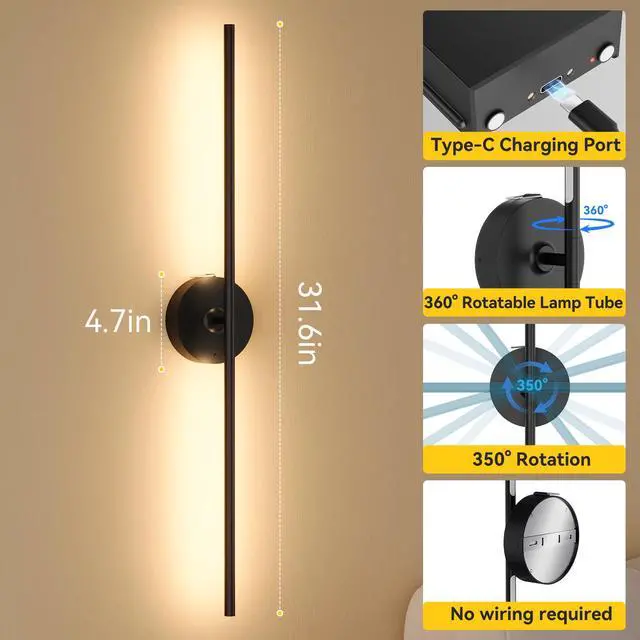 Alt view image 5 of 7 - Ouyulong Battery Operated Wall Sconces Set of 2, 8000mAh Wireless Rechargeable 3000-6000K Dimmable 350° Rotate Wall Light with Remote for Living Room, Bedroom 31.6in Black
