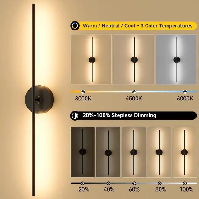 Alt view image 2 of 7 - Ouyulong Battery Operated Wall Sconces Set of 2, 8000mAh Wireless Rechargeable 3000-6000K Dimmable 350° Rotate Wall Light with Remote for Living Room, Bedroom 31.6in Black