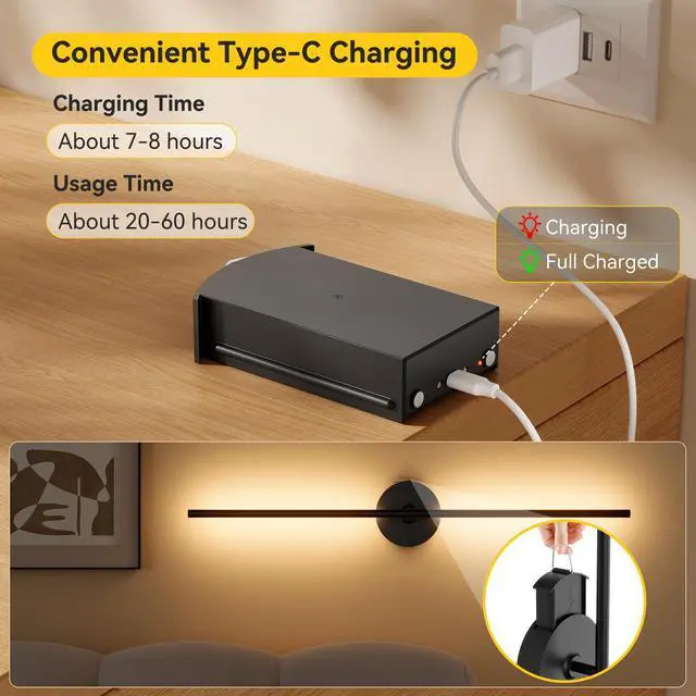 Alt view image 3 of 7 - Ouyulong Battery Operated Wall Sconces Set of 2, 8000mAh Wireless Rechargeable 3000-6000K Dimmable 350° Rotate Wall Light with Remote for Living Room, Bedroom 31.6in Black