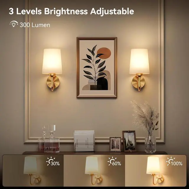 Alt view image 4 of 7 - Ouyulong Battery Operated Wall Sconces Set of 2, Wireless Rechargeable Dimmable Wall Light with RGB Bulb and Remote for Bedroom, Living Room, Hallway (Gold)