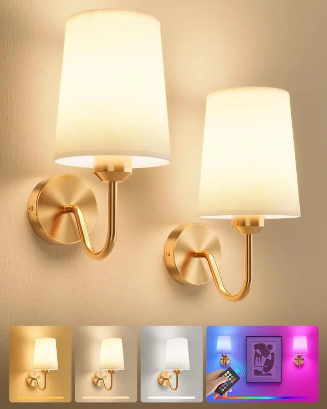 Main image of Ouyulong Battery Operated Wall Sconces Set of 2, Wireless Rechargeable Dimmable Wall Light with RGB Bulb and Remote for Bedroom, Living Room, Hallway (Gold)