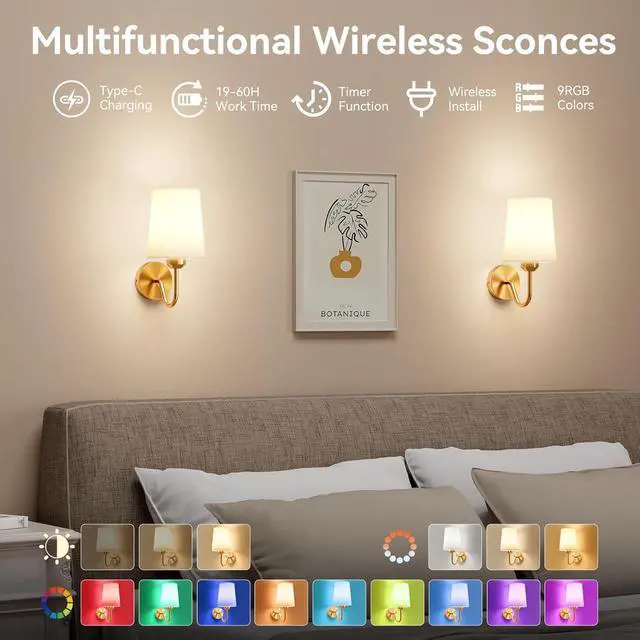 Alt view image 2 of 7 - Ouyulong Battery Operated Wall Sconces Set of 2, Wireless Rechargeable Dimmable Wall Light with RGB Bulb and Remote for Bedroom, Living Room, Hallway (Gold)