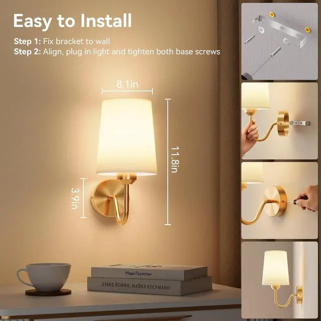 Alt view image 5 of 7 - Ouyulong Battery Operated Wall Sconces Set of 2, Wireless Rechargeable Dimmable Wall Light with RGB Bulb and Remote for Bedroom, Living Room, Hallway (Gold)