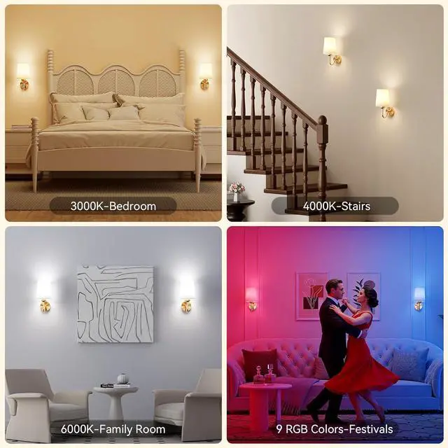 Alt view image 7 of 7 - Ouyulong Battery Operated Wall Sconces Set of 2, Wireless Rechargeable Dimmable Wall Light with RGB Bulb and Remote for Bedroom, Living Room, Hallway (Gold)