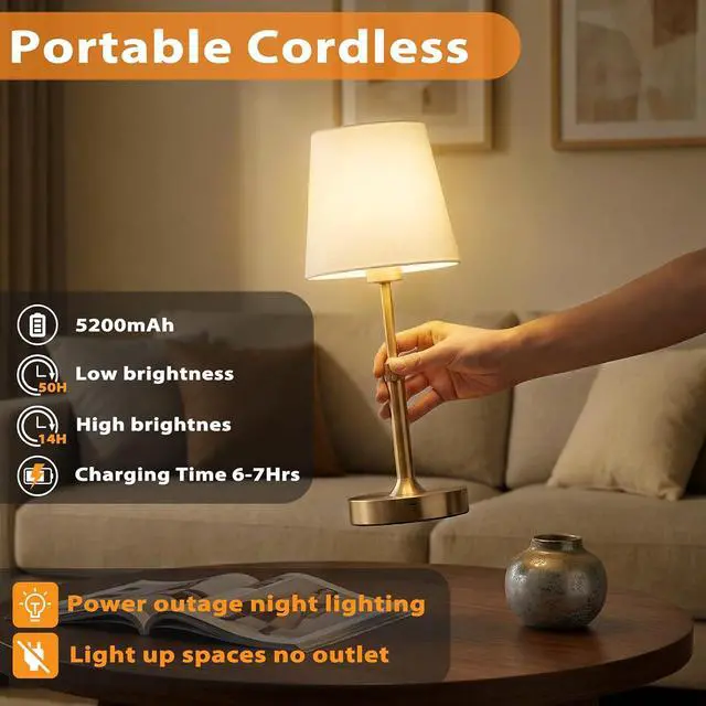 Alt view image 2 of 7 - CHARYJOD Cordless LED Table Lamp, 5200mAh Portables Rechargeable Battery Desk Lamp, Touch Bedside Lamp with Fabric Shade, Stepless Dimmable Light for Bedroom, Dining Room, Patio, Balcony