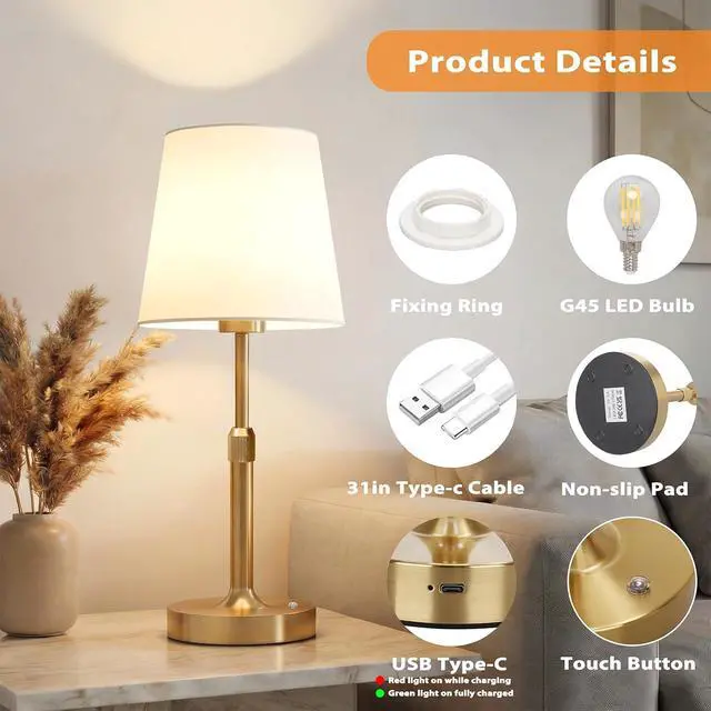 Alt view image 5 of 7 - CHARYJOD Cordless LED Table Lamp, 5200mAh Portables Rechargeable Battery Desk Lamp, Touch Bedside Lamp with Fabric Shade, Stepless Dimmable Light for Bedroom, Dining Room, Patio, Balcony