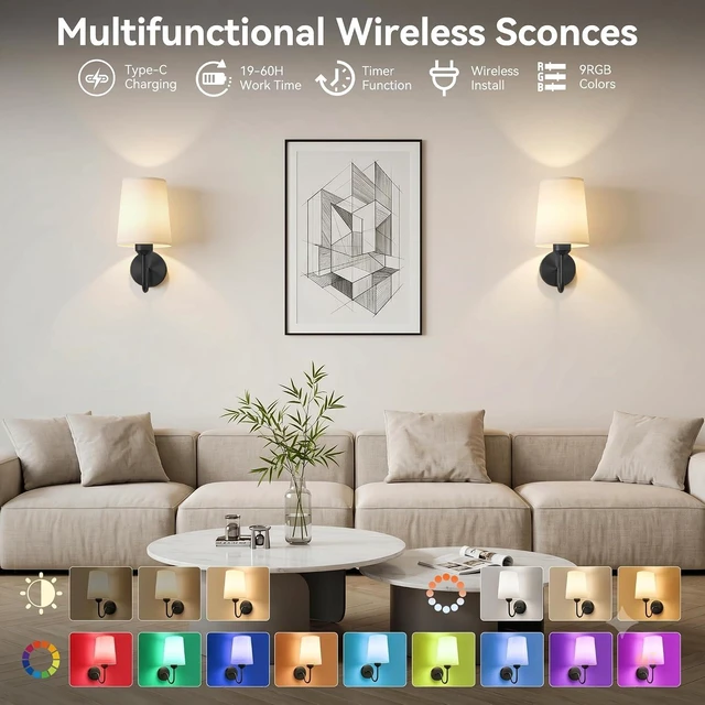 Alt view image 2 of 7 - Ouyulong Battery Operated Wall Sconces Set of 2, Wireless Rechargeable Dimmable Wall Light with RGB Bulb and Remote for Bedroom, Living Room, Hallway (Black)
