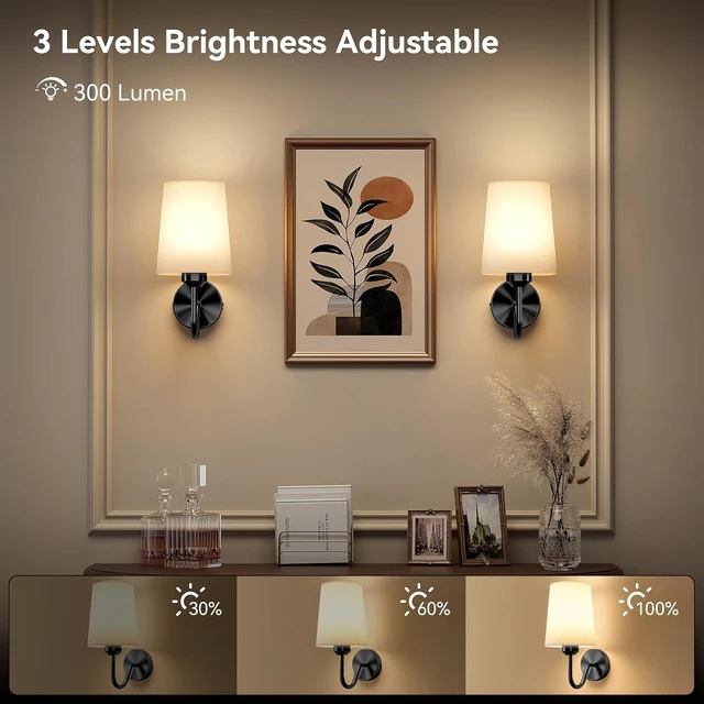 Alt view image 4 of 7 - Ouyulong Battery Operated Wall Sconces Set of 2, Wireless Rechargeable Dimmable Wall Light with RGB Bulb and Remote for Bedroom, Living Room, Hallway (Black)